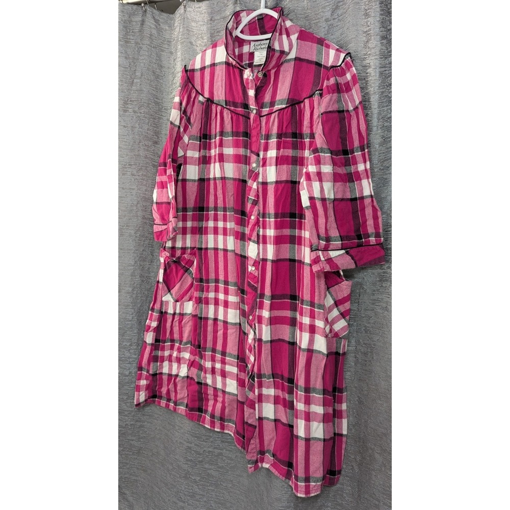 Anthony Richards Pearl Snap Moo Moo Housecoat Pink/Black 3/4 Slv Pocket Flannel